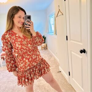 Alexis Orange Floral Long Sleeve Mini Dress Small